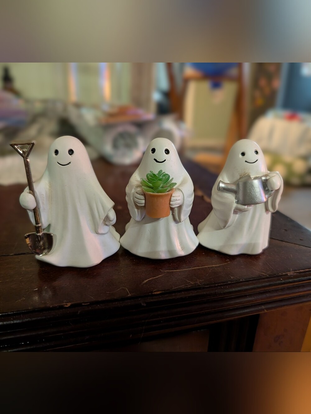 Amazon White Ghost Garden Figurine Trio with Silver Tools